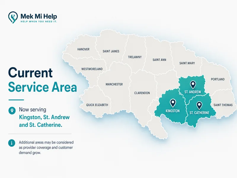 Map of Jamaica showing Mek Mi Help service coverage in Kingston, St. Andrew and St. Catherine